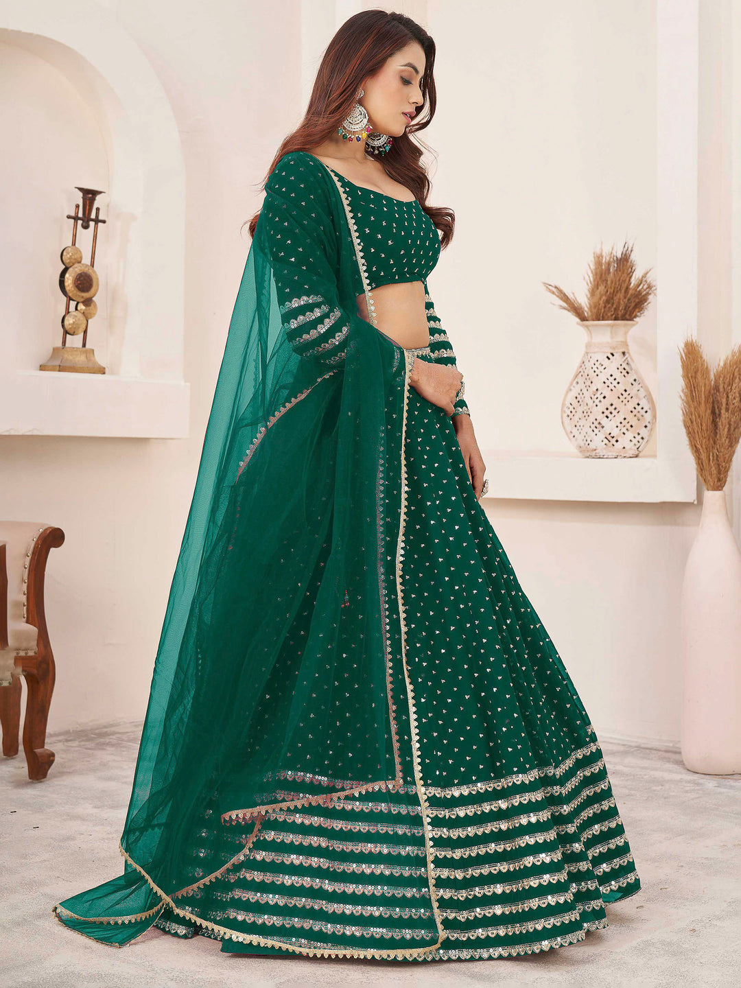 Green Georgette Embroidered Semi Stitched Lehenga Choli with Dupatta