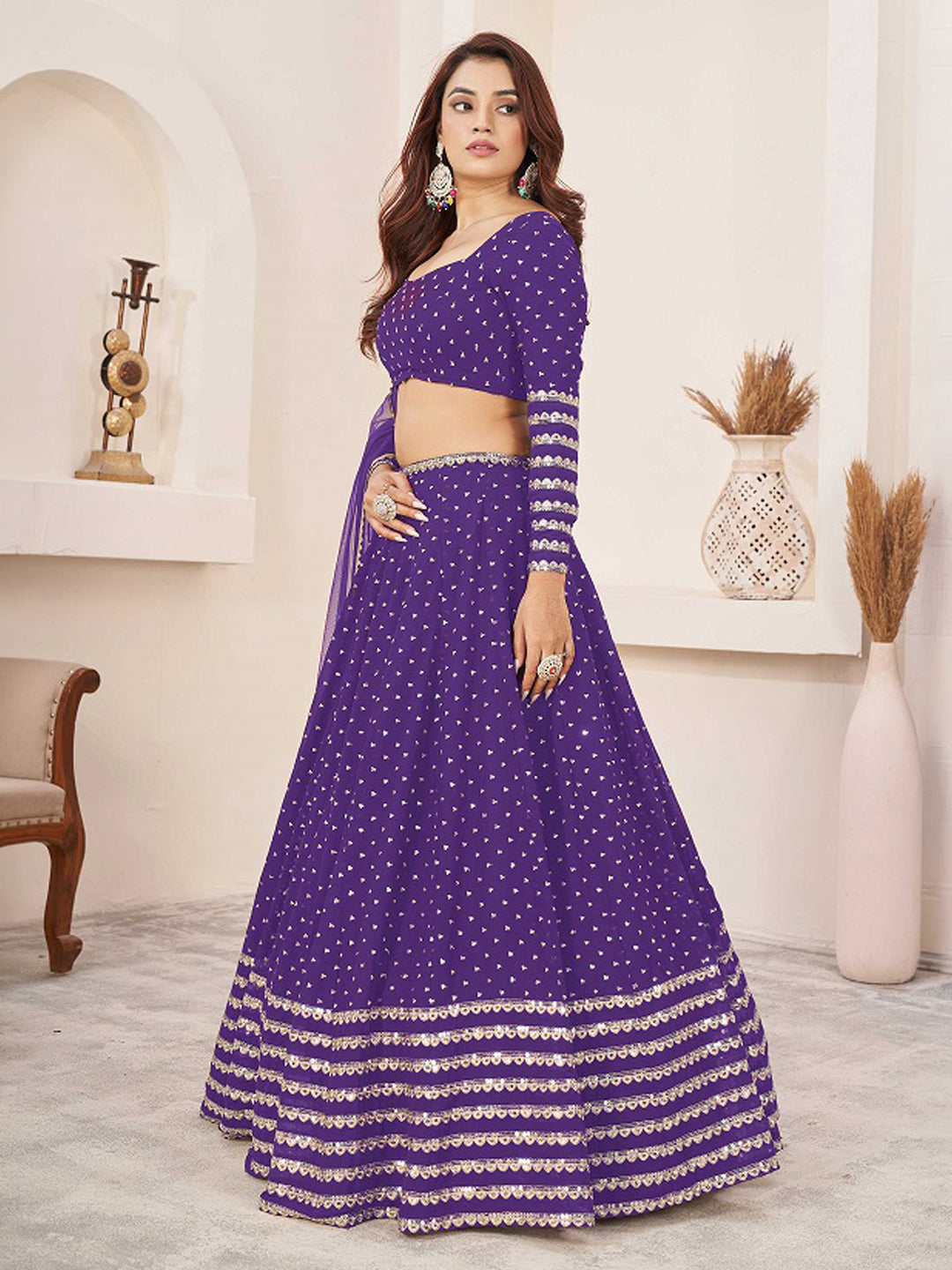 Purple Georgette Embroidered Semi Stitched Lehenga Choli with Dupatta