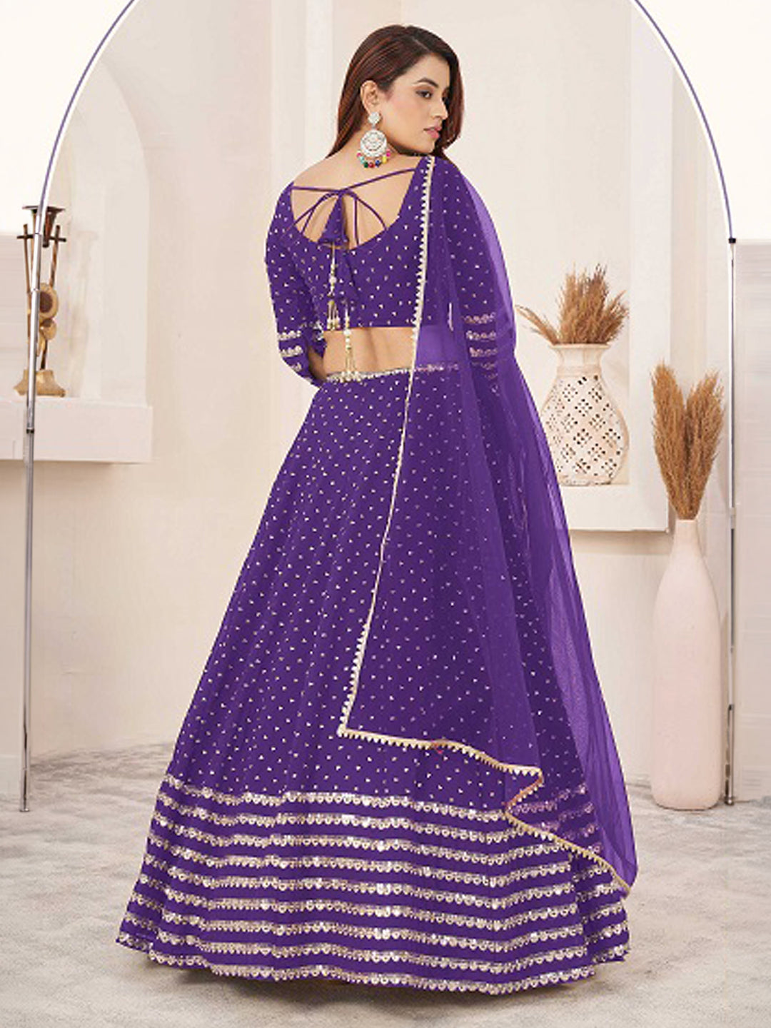 Purple Georgette Embroidered Semi Stitched Lehenga Choli with Dupatta