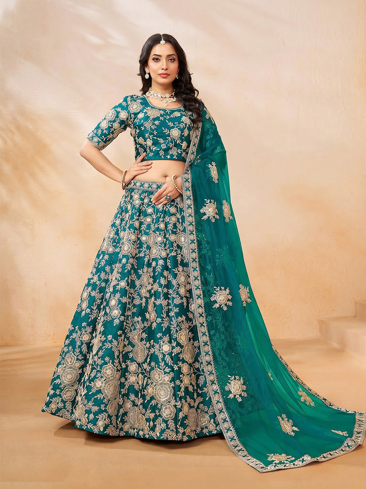 Teal Green Embroidered Art Silk Semi Stitched Kurta Choli With Lehenga &amp; Dupatta