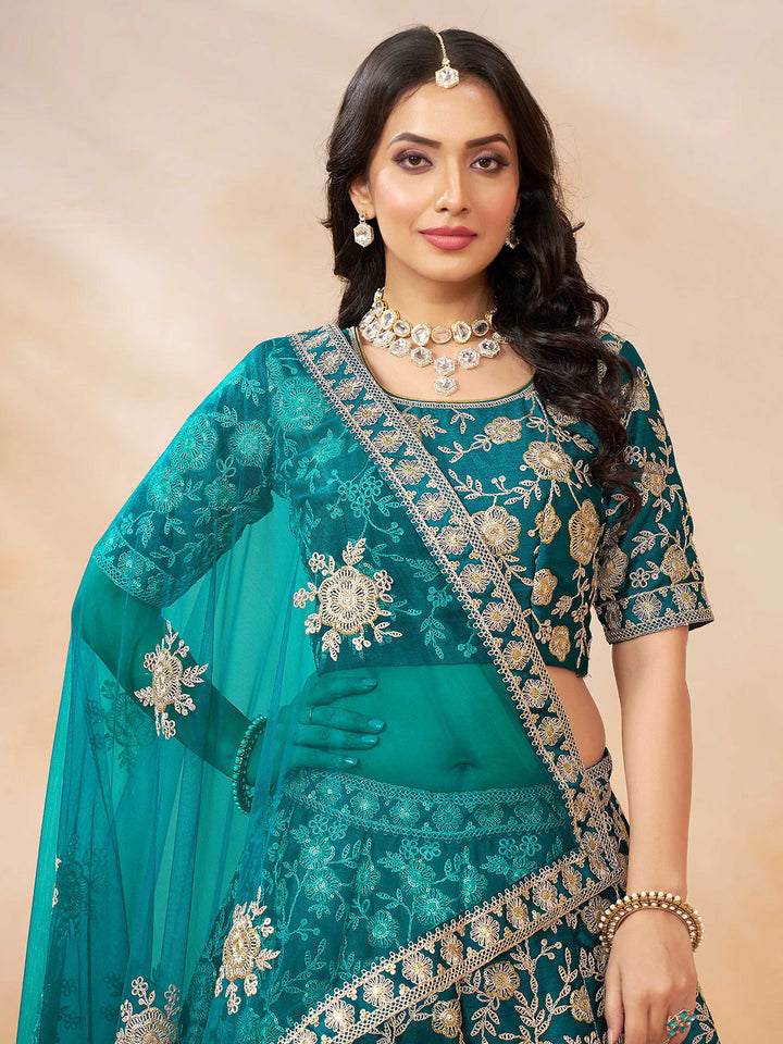 Teal Green Embroidered Art Silk Semi Stitched Kurta Choli With Lehenga &amp; Dupatta