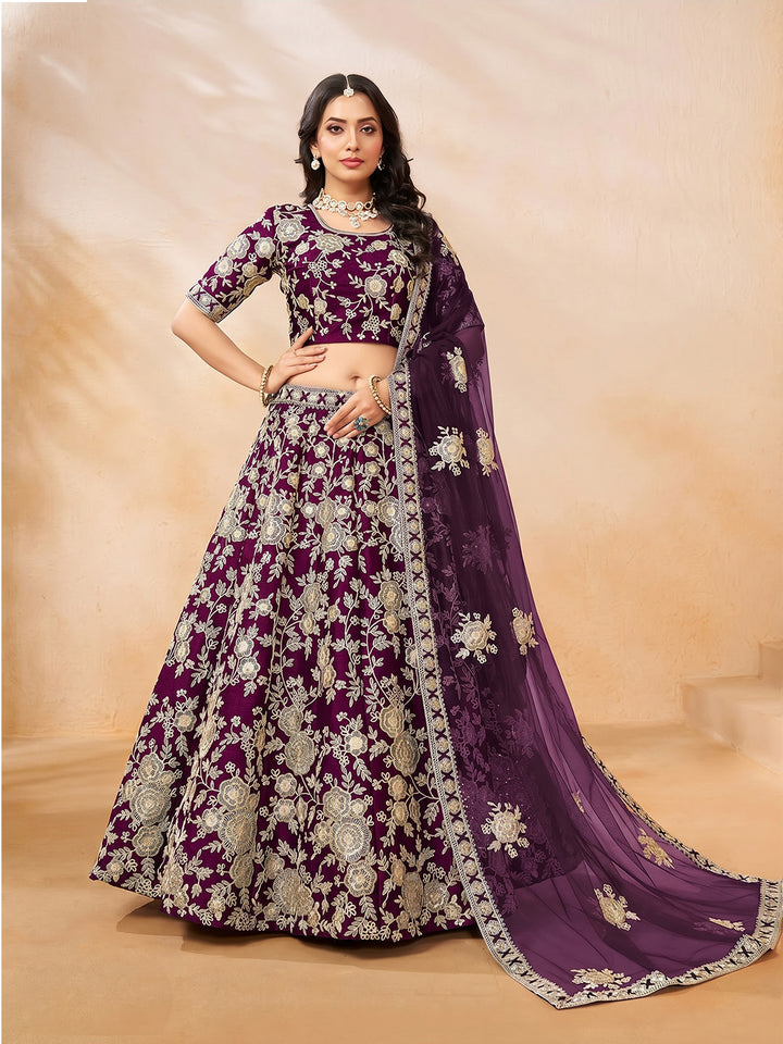 Purple Embroidered Art Silk Semi Stitched Kurta Choli With Lehenga &amp; Dupatta