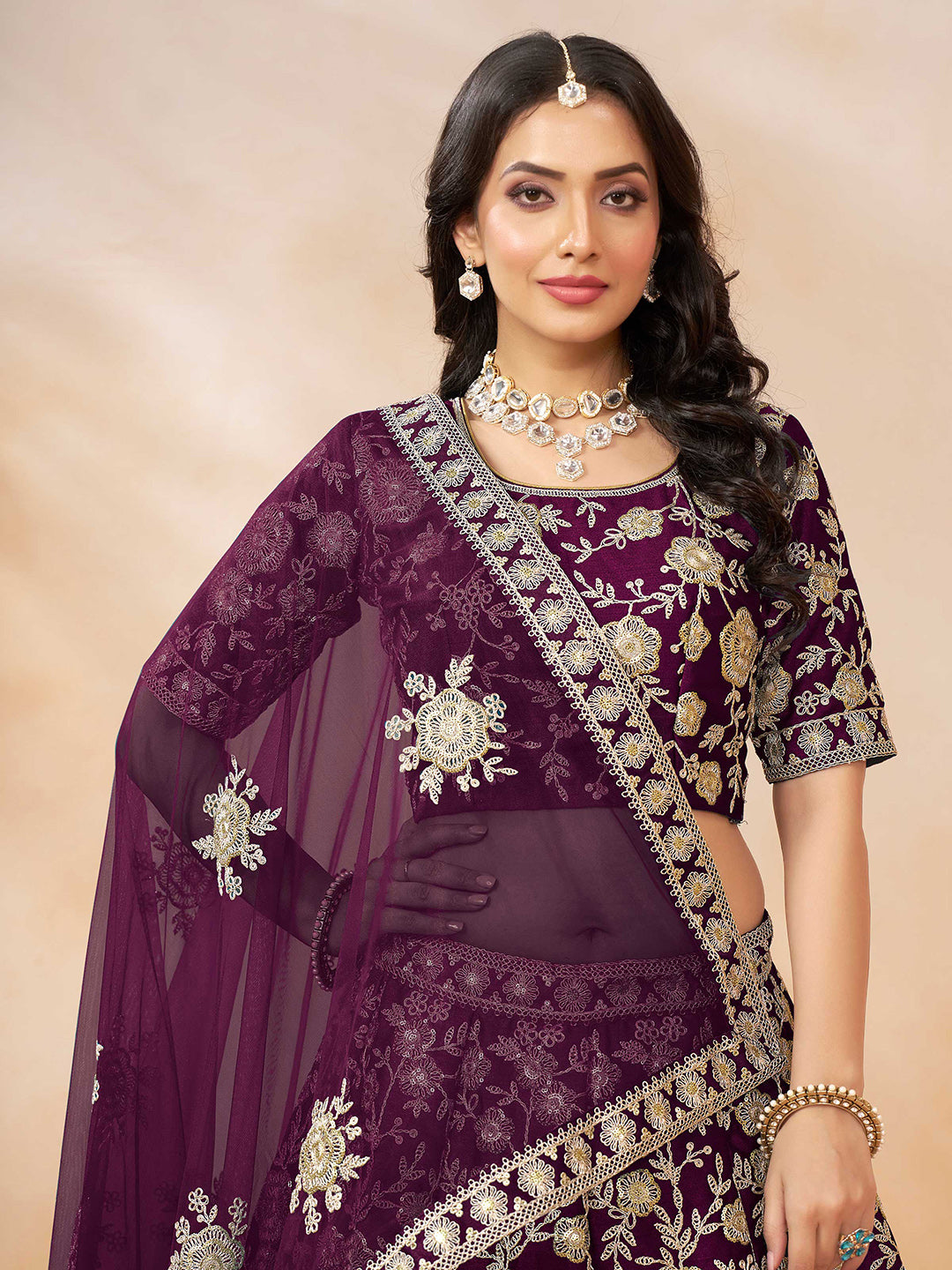 Purple Embroidered Art Silk Semi Stitched Kurta Choli With Lehenga &amp; Dupatta