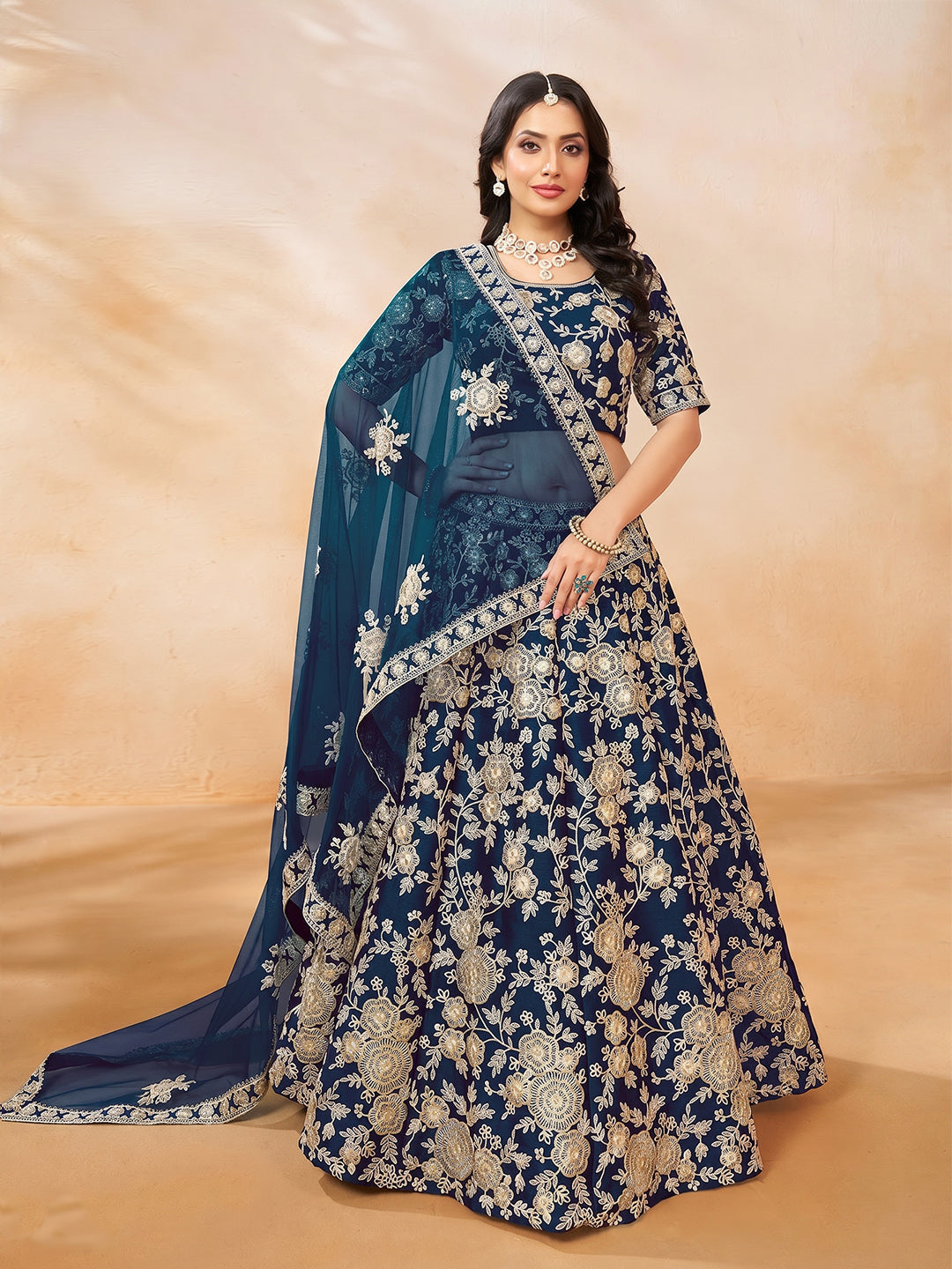 Blue Embroidered Art Silk Semi Stitched Kurta Choli With Lehenga &amp; Dupatta