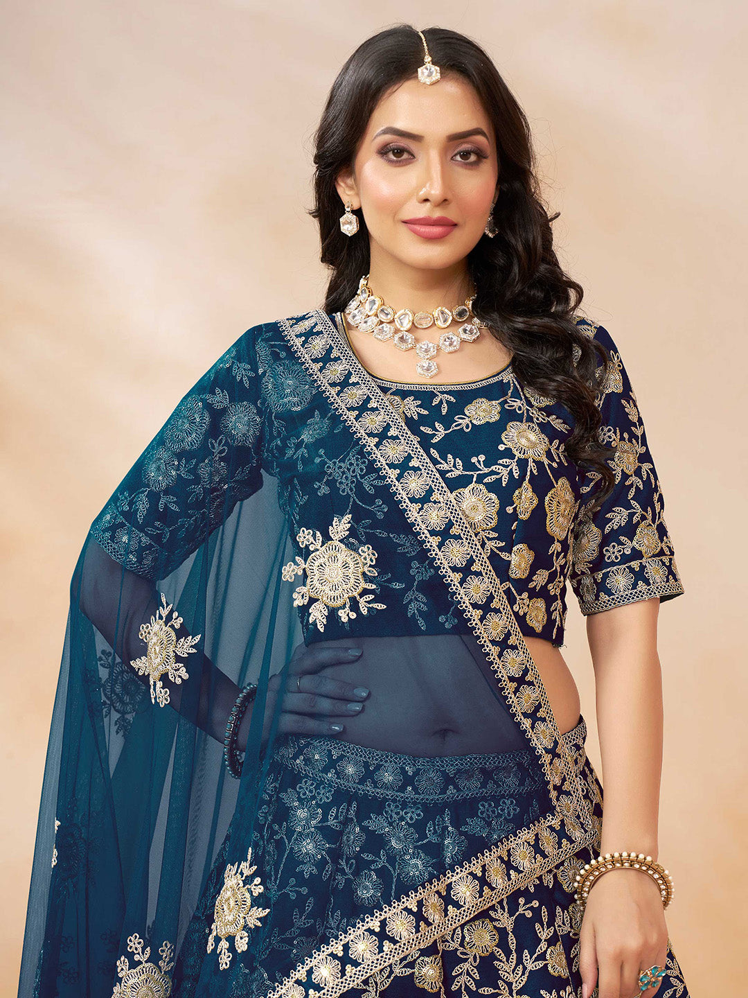 Blue Embroidered Art Silk Semi Stitched Kurta Choli With Lehenga &amp; Dupatta