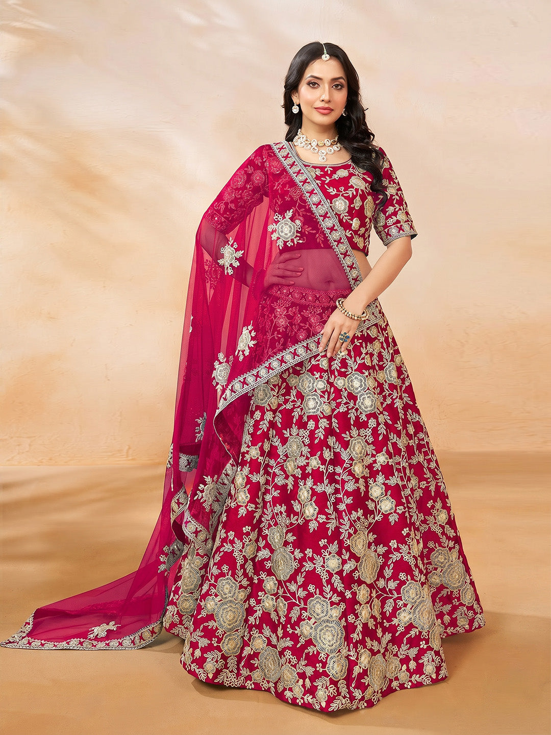 Pink Embroidered Art Silk Semi Stitched Kurta Choli With Lehenga &amp; Dupatta