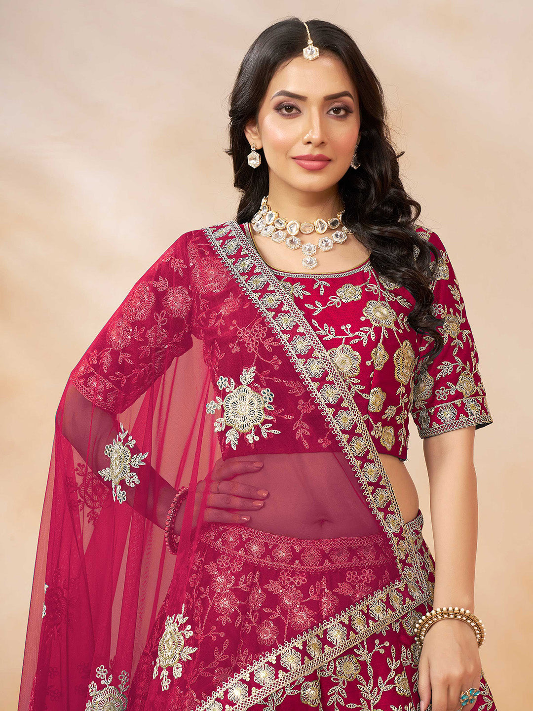 Pink Embroidered Art Silk Semi Stitched Kurta Choli With Lehenga &amp; Dupatta