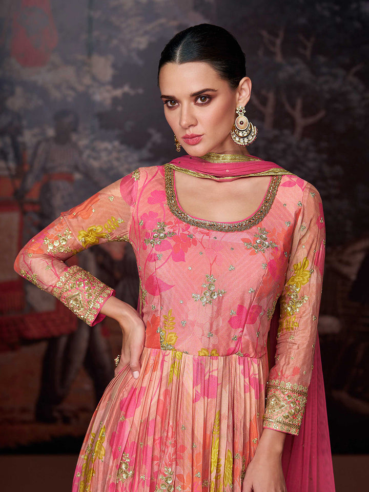 Pink Embroidered Georgette Kurta Pant Dupatta