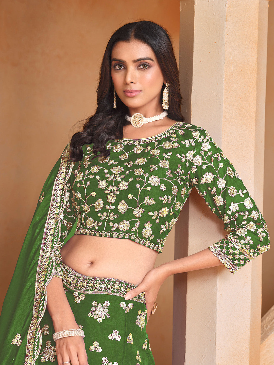 Green Embroidered Oaganza Semi Stitched Kurta Choli With Lehenga &amp; Dupatta
