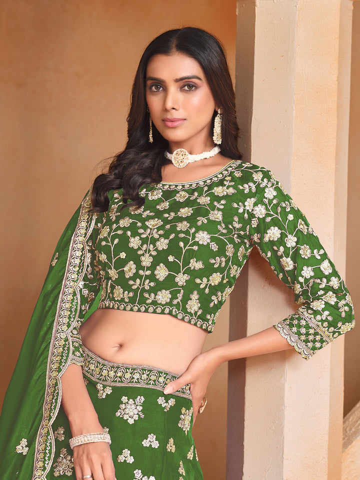 Green Embroidered Oaganza Semi Stitched Kurta Choli With Lehenga &amp; Dupatta