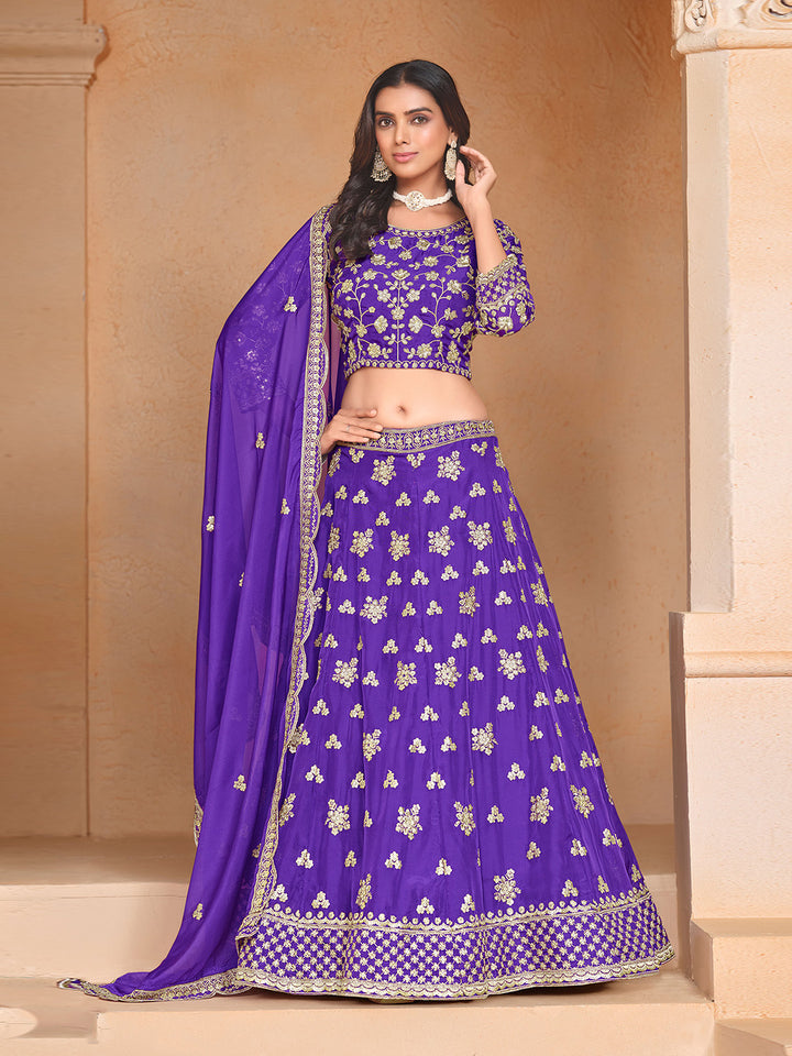 Purple Embroidered Oaganza Semi Stitched Kurta Choli With Lehenga &amp; Dupatta