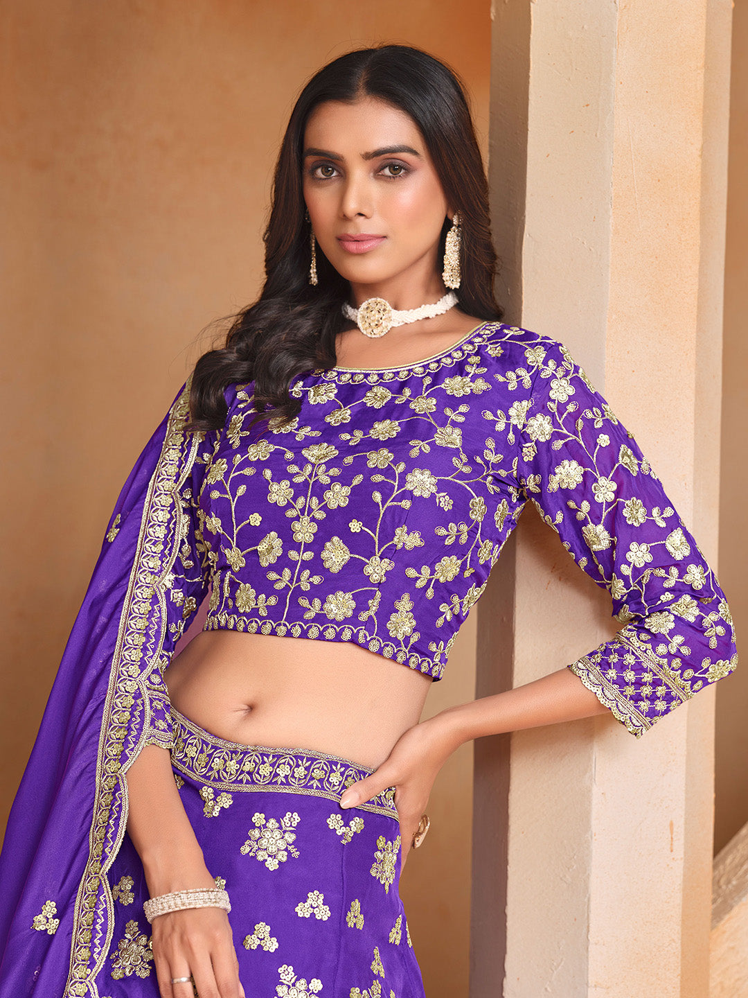 Purple Embroidered Oaganza Semi Stitched Kurta Choli With Lehenga &amp; Dupatta