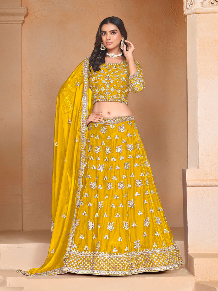 Mustard Embroidered Oaganza Semi Stitched Kurta Choli With Lehenga &amp; Dupatta