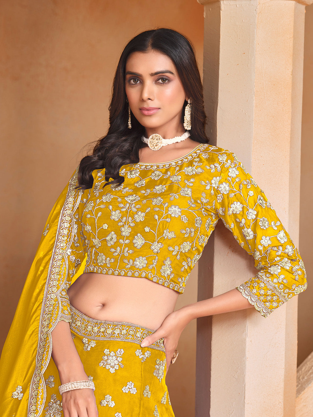 Mustard Embroidered Oaganza Semi Stitched Kurta Choli With Lehenga &amp; Dupatta