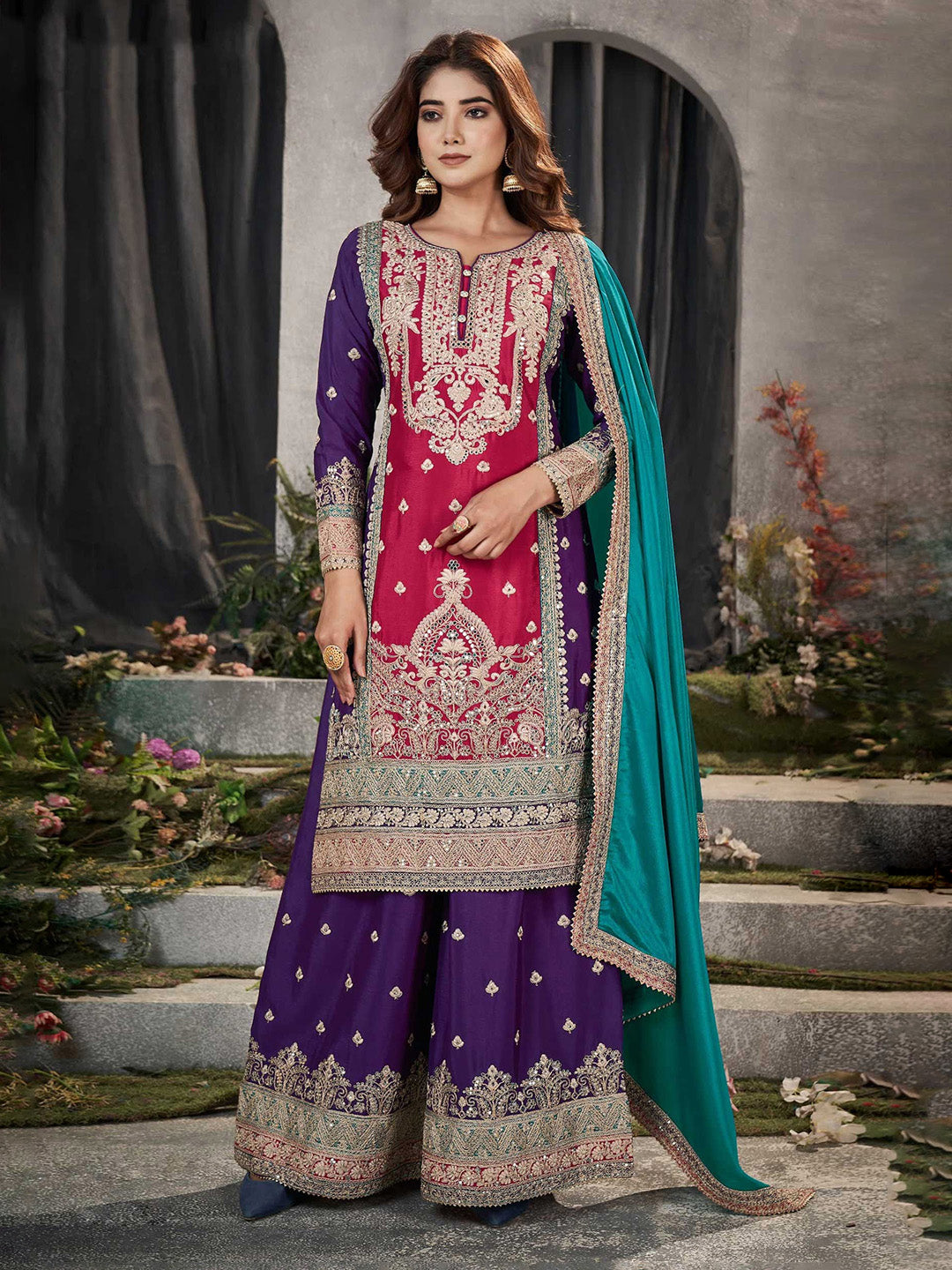 Purple Embroidered Chinnon Kurta Palazzo Dupatta
