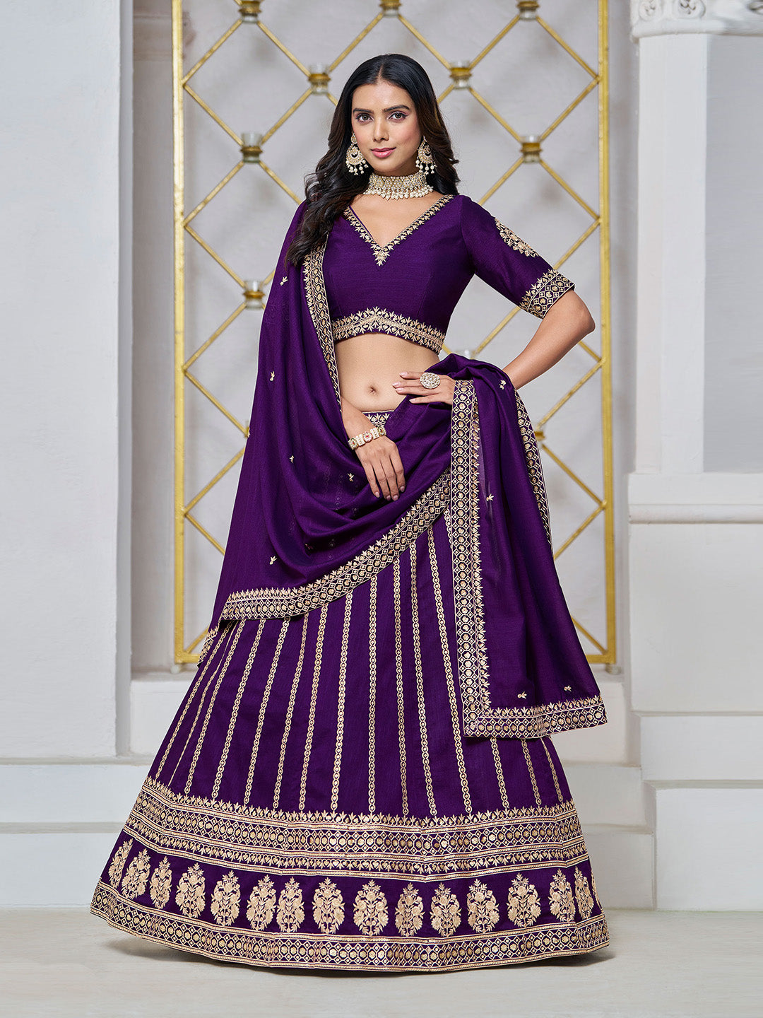 Purple Embroidered Art Silk Semi Stitched Kurta Choli With Lehenga &amp; Dupatta
