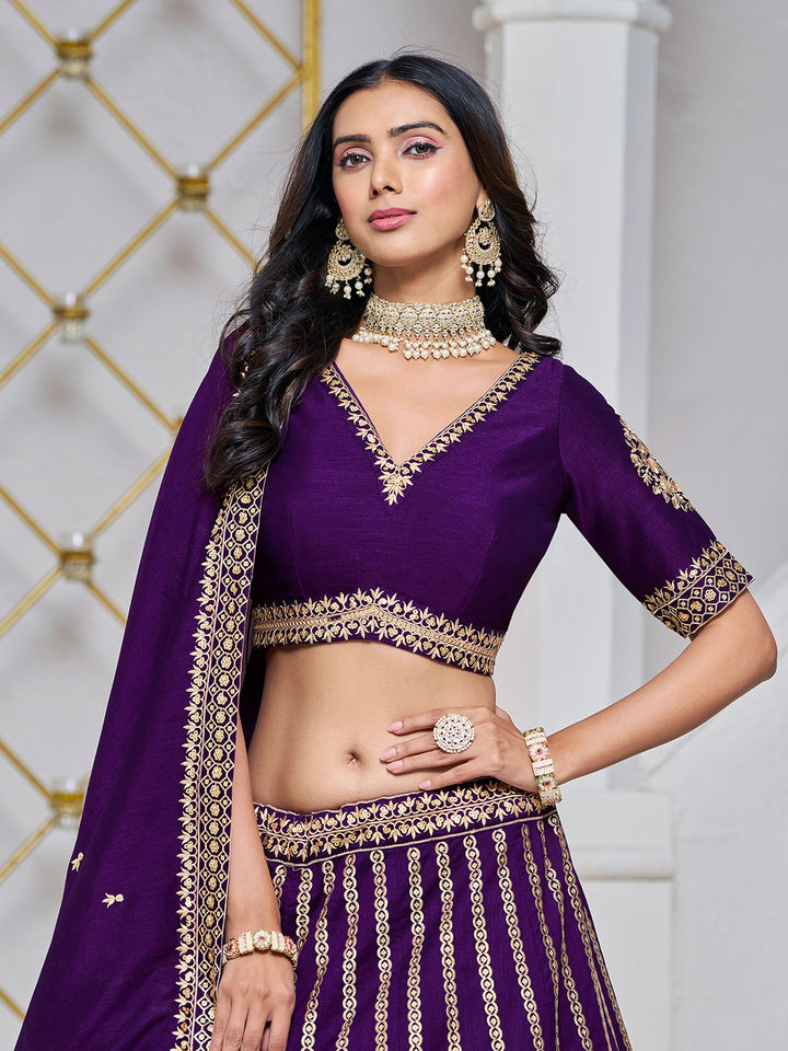 Purple Embroidered Art Silk Semi Stitched Kurta Choli With Lehenga &amp; Dupatta