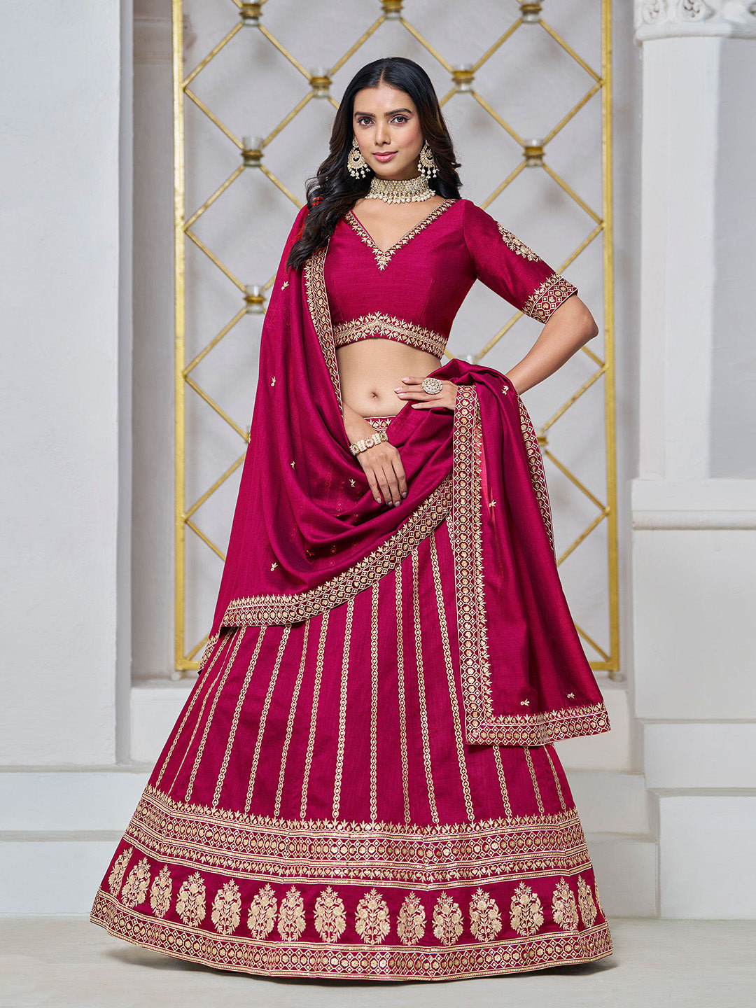 Pink Embroidered Art Silk Semi Stitched Kurta Choli With Lehenga &amp; Dupatta
