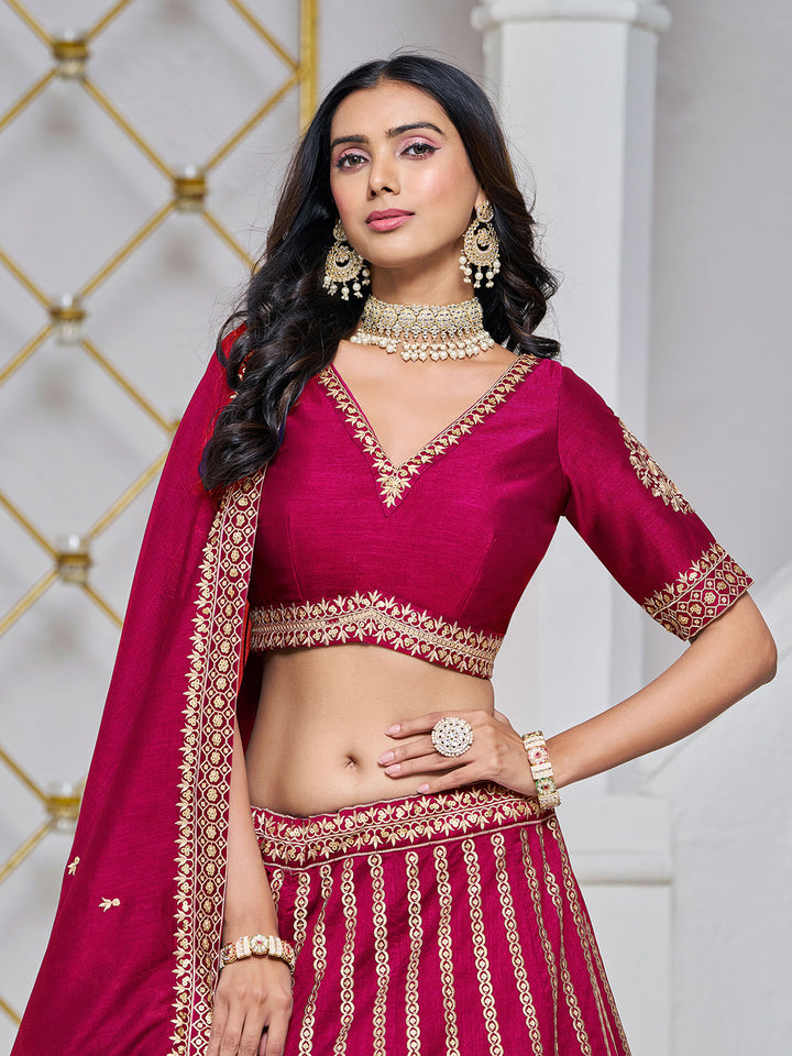 Pink Embroidered Art Silk Semi Stitched Kurta Choli With Lehenga &amp; Dupatta