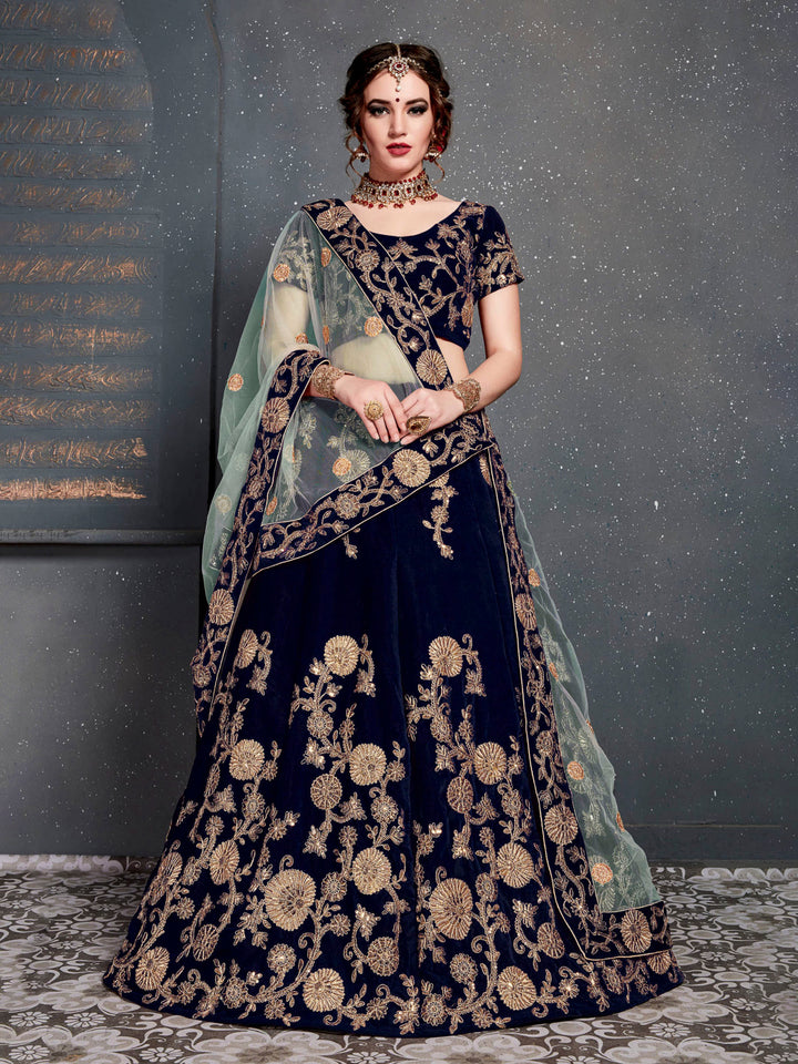 Blue Velvet Embroidered Semi Stitched Lehenga Choli with Dupatta
