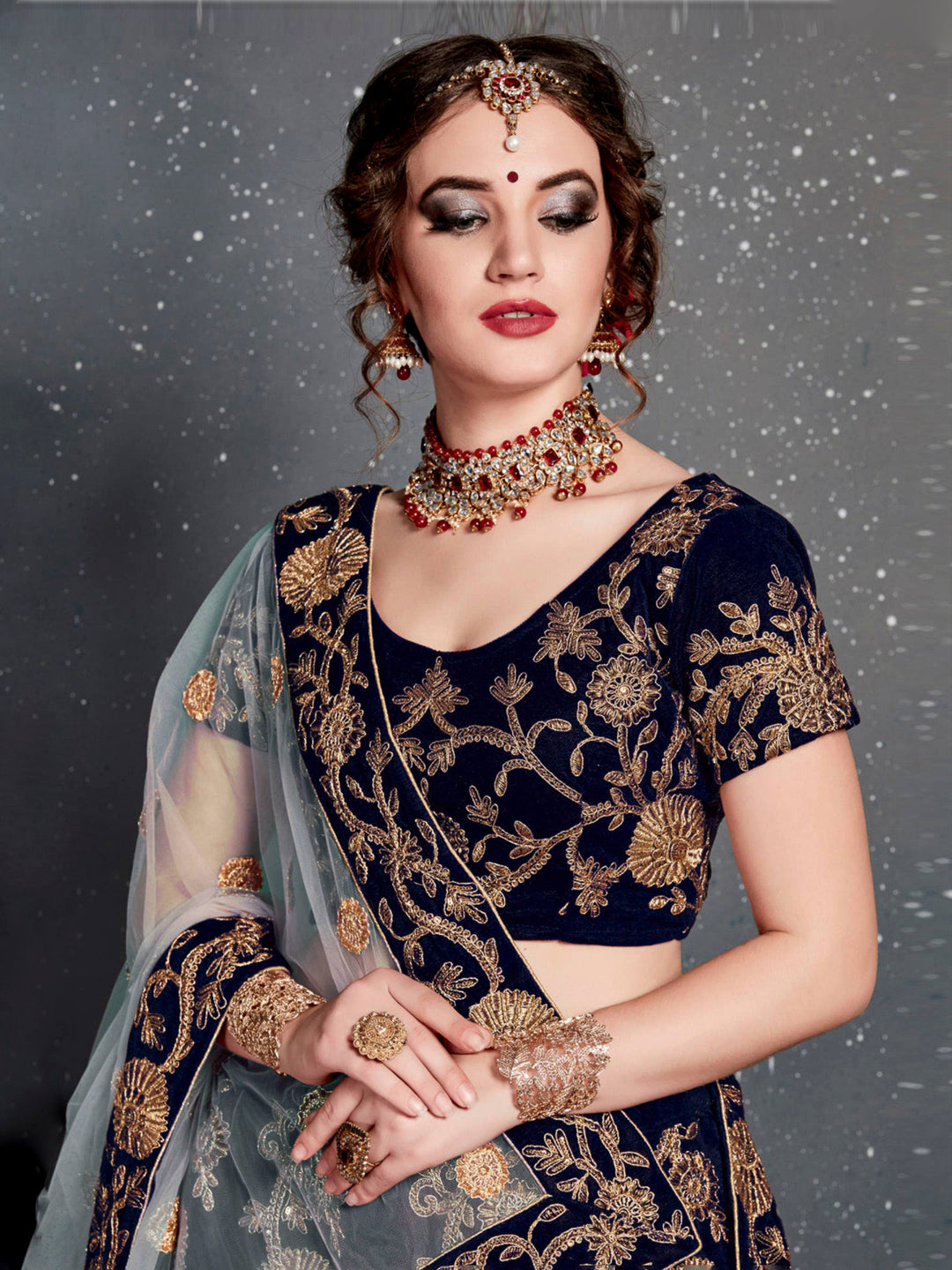 Blue Velvet Embroidered Semi Stitched Lehenga Choli with Dupatta