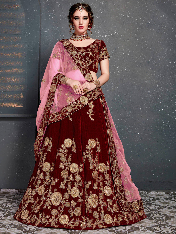 Maroon Velvet Embroidered Semi Stitched Lehenga Choli with Dupatta