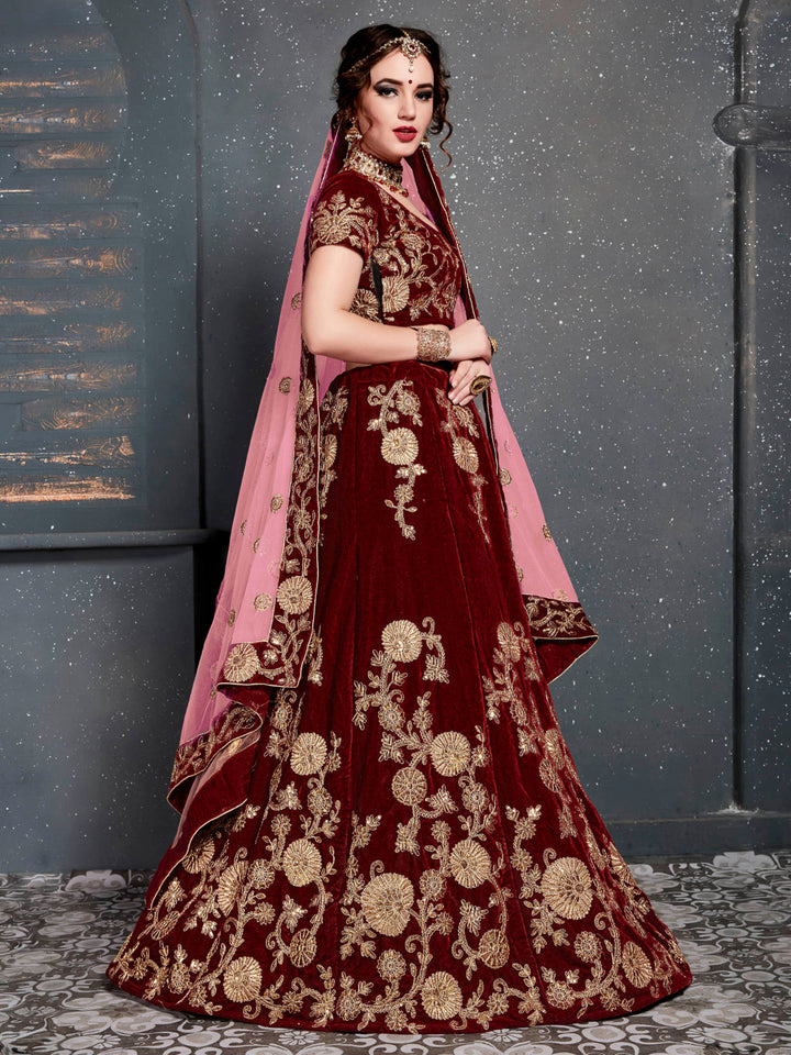 Maroon Velvet Embroidered Semi Stitched Lehenga Choli with Dupatta