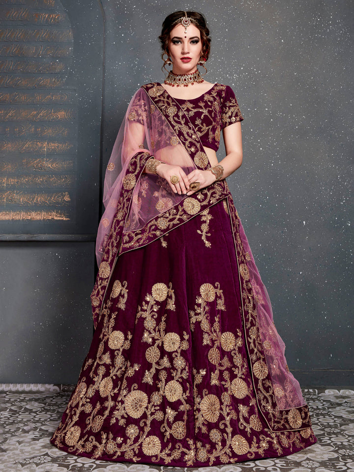 Purple Velvet Embroidered Semi Stitched Lehenga Choli with Dupatta