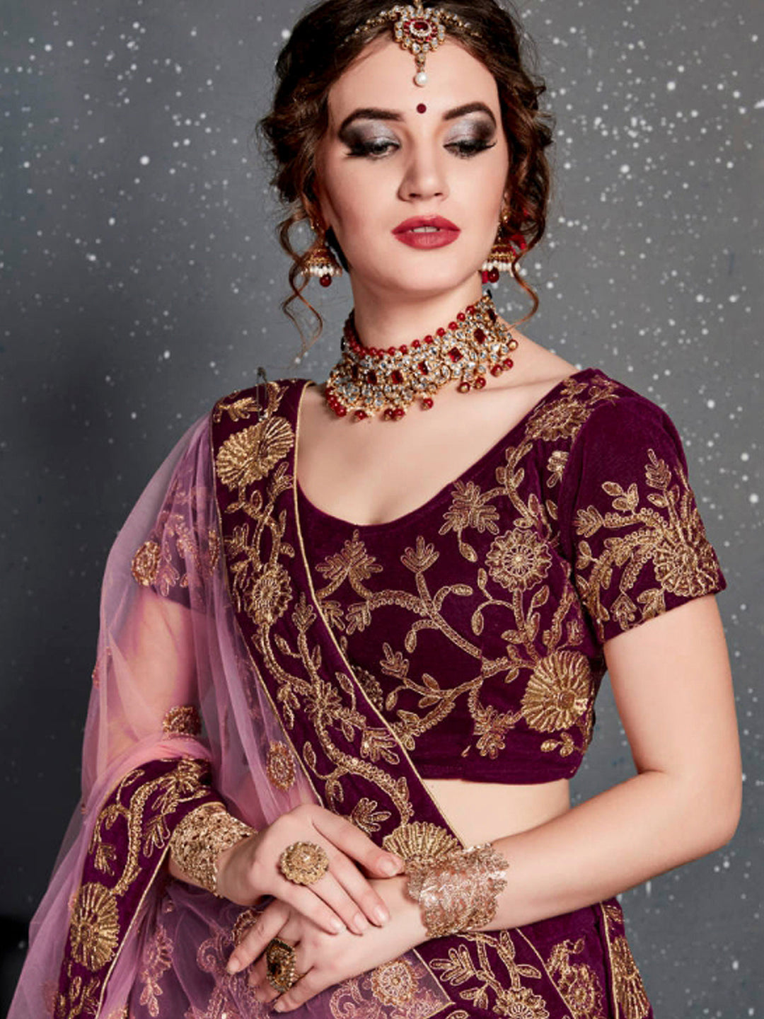 Purple Velvet Embroidered Semi Stitched Lehenga Choli with Dupatta