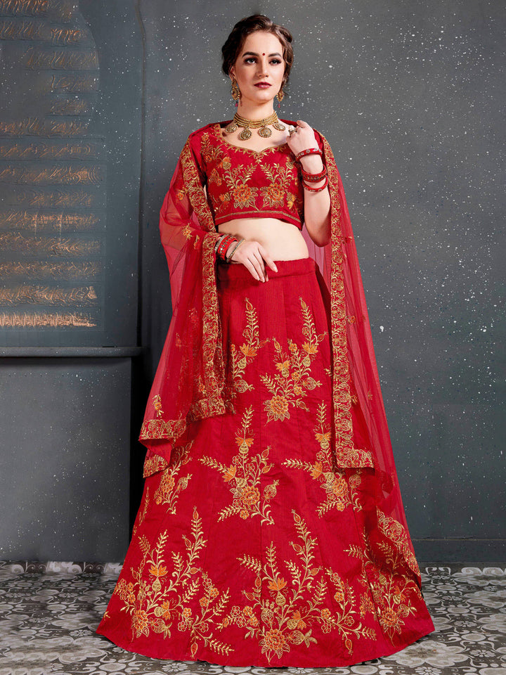 Red Art Silk Embroidered Semi Stitched Lehenga Choli with Dupatta