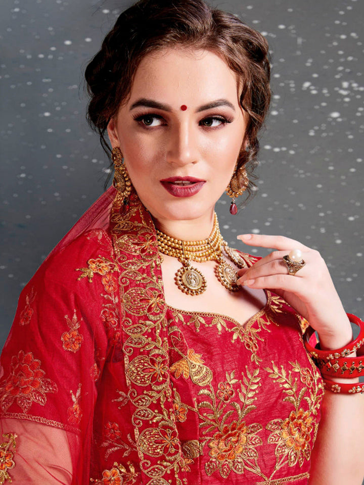 Red Art Silk Embroidered Semi Stitched Lehenga Choli with Dupatta