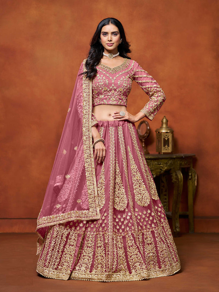 Pink Embroidered Net Semi Stitched Kurta Choli With Lehenga &amp; Dupatta