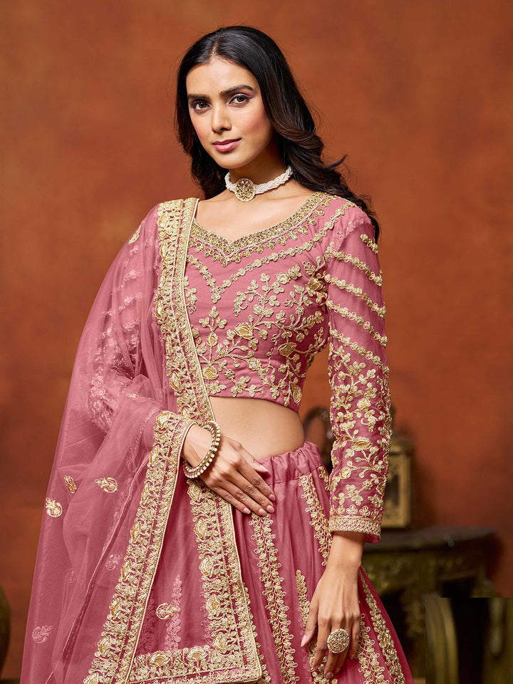 Pink Embroidered Net Semi Stitched Kurta Choli With Lehenga &amp; Dupatta