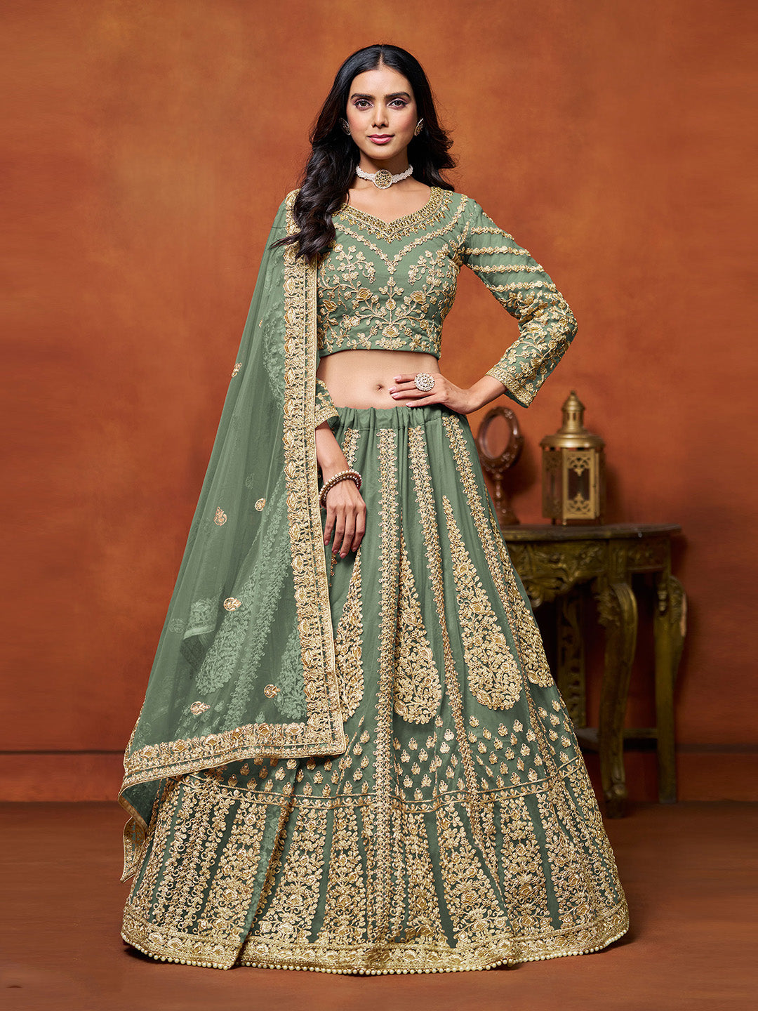 Green Embroidered Net Semi Stitched Kurta Choli With Lehenga &amp; Dupatta