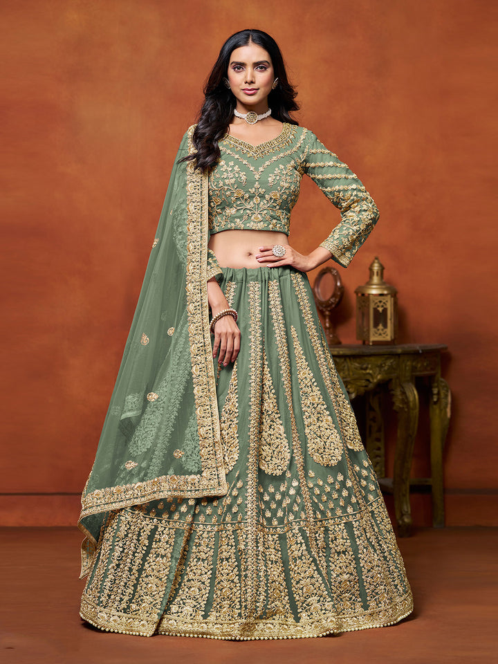 Green Embroidered Net Semi Stitched Kurta Choli With Lehenga &amp; Dupatta