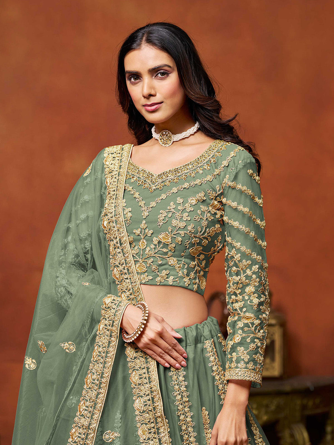 Green Embroidered Net Semi Stitched Kurta Choli With Lehenga &amp; Dupatta