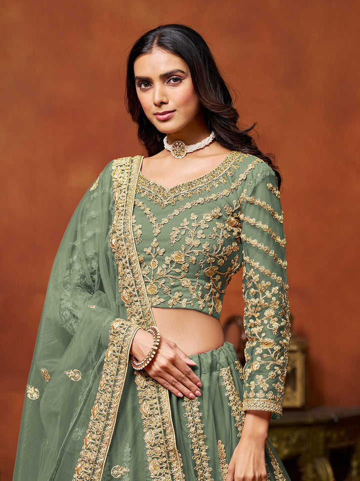 Green Embroidered Net Semi Stitched Kurta Choli With Lehenga &amp; Dupatta