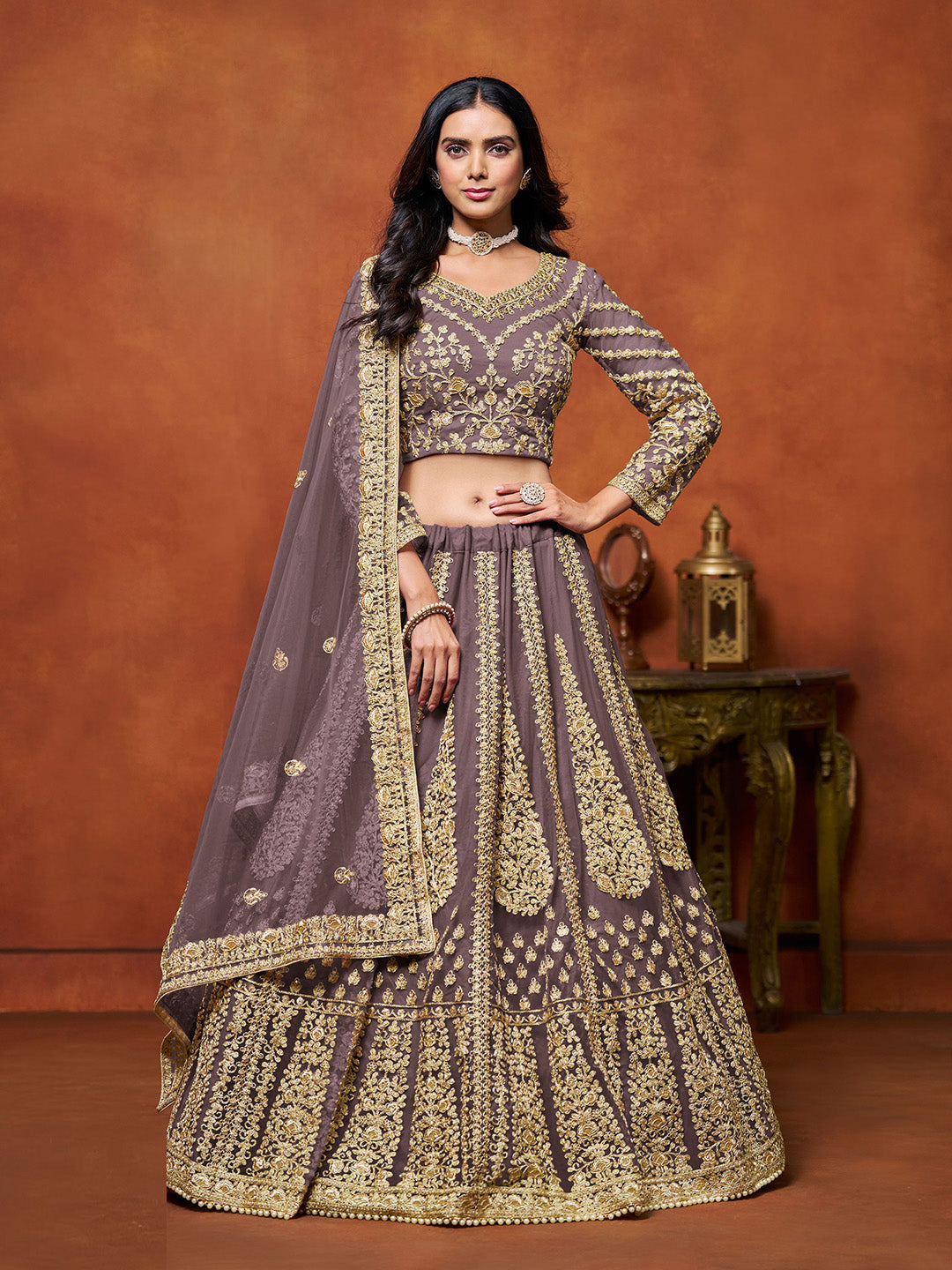 Purple Embroidered Net Semi Stitched Kurta Choli With Lehenga &amp; Dupatta