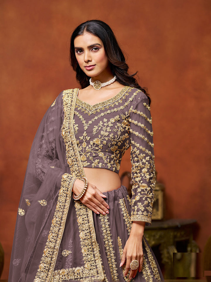 Purple Embroidered Net Semi Stitched Kurta Choli With Lehenga &amp; Dupatta