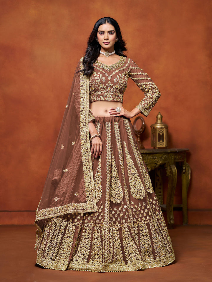Brown Embroidered Net Semi Stitched Kurta Choli With Lehenga &amp; Dupatta