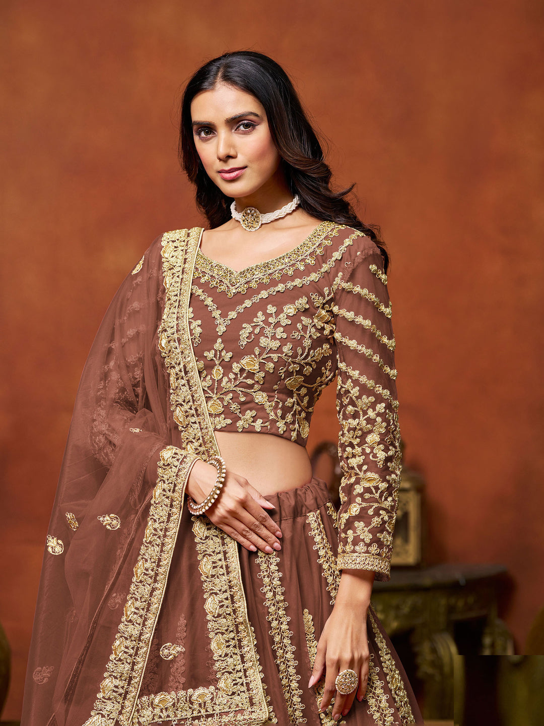 Brown Embroidered Net Semi Stitched Kurta Choli With Lehenga &amp; Dupatta