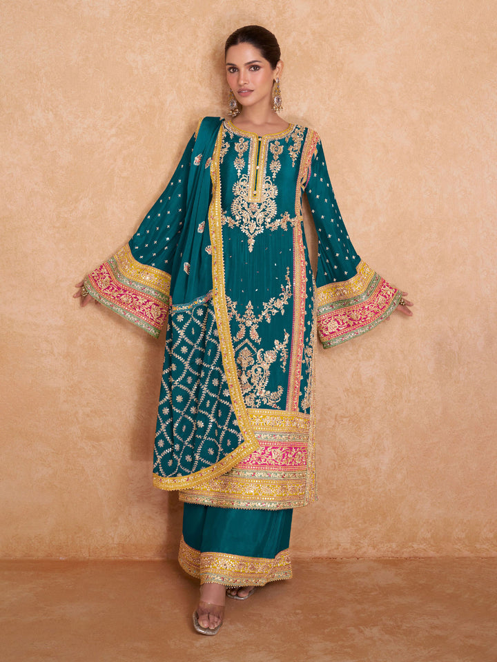 Teal Blue Embroidered Chinnon Kurta Palazzo Dupatta