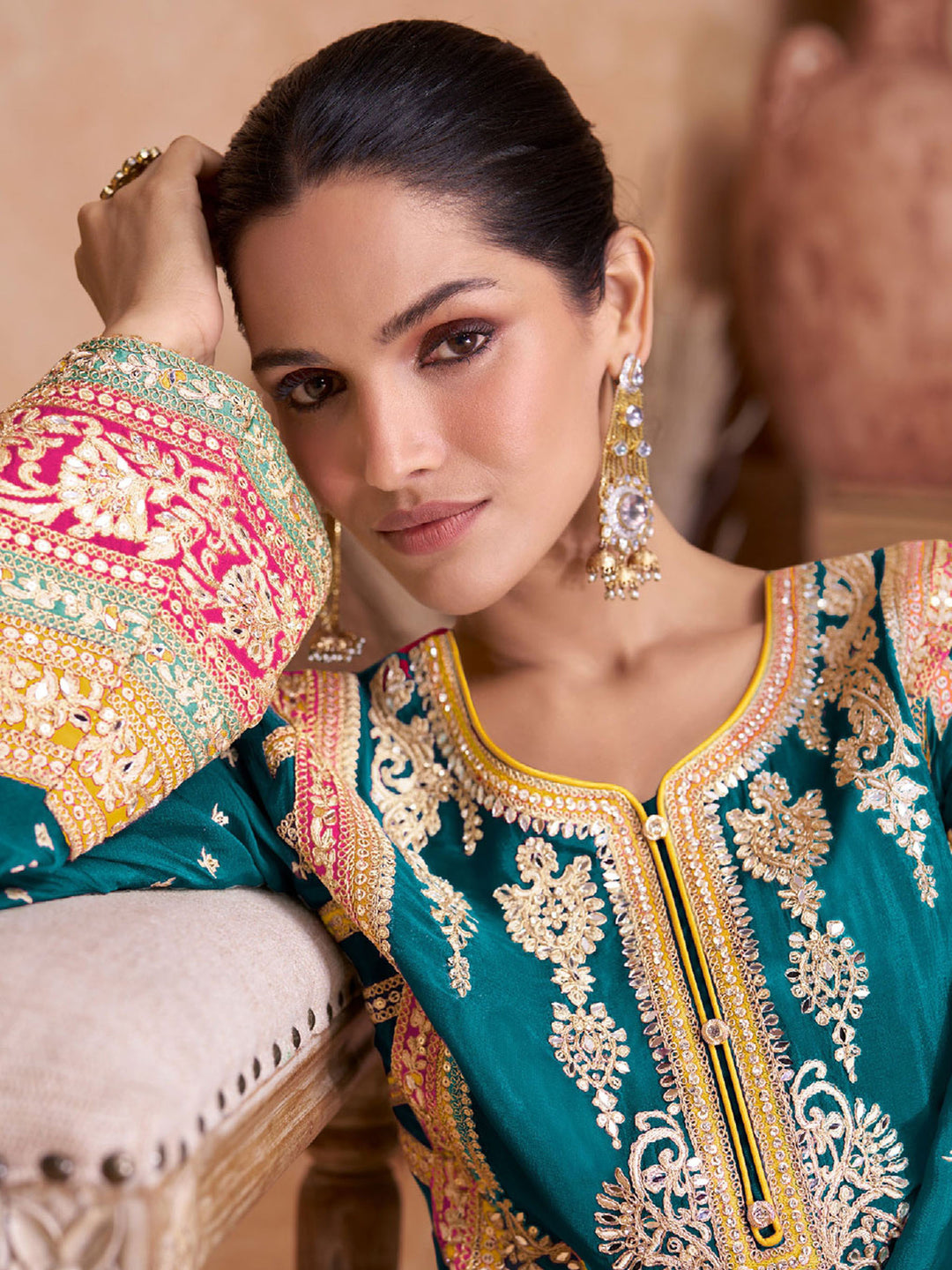 Teal Blue Embroidered Chinnon Kurta Palazzo Dupatta