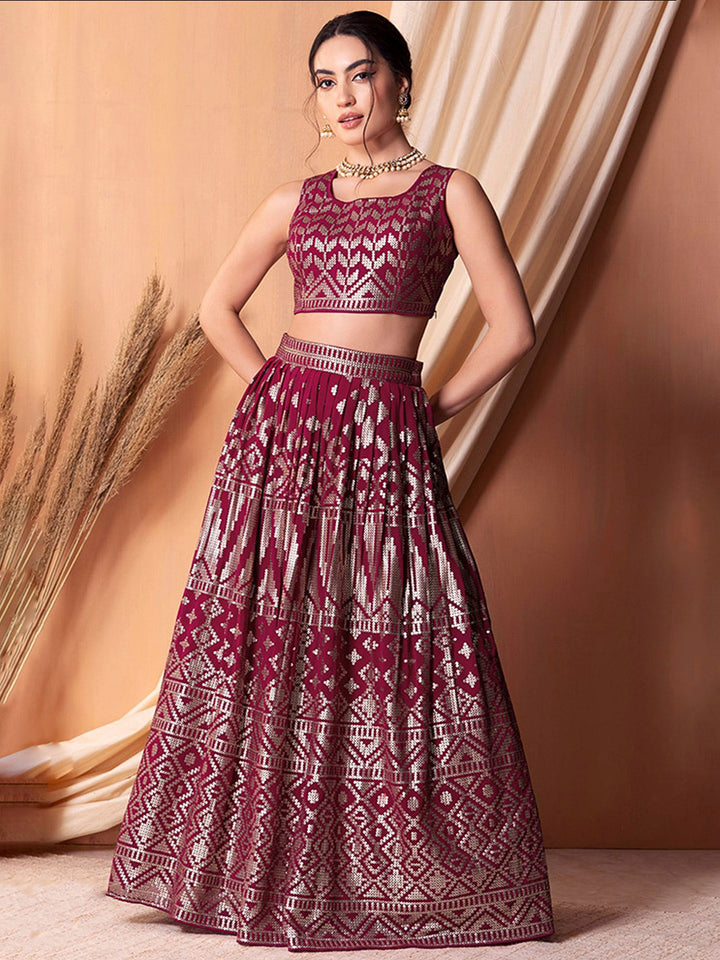 Wine Georgette Embroidered Semi Stitched Lehenga Choli with Dupatta