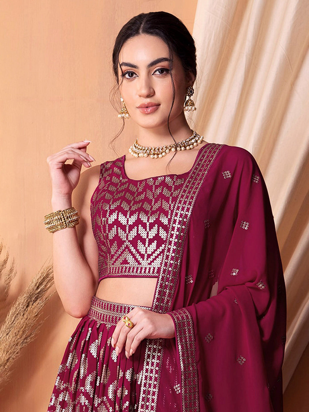 Wine Georgette Embroidered Semi Stitched Lehenga Choli with Dupatta