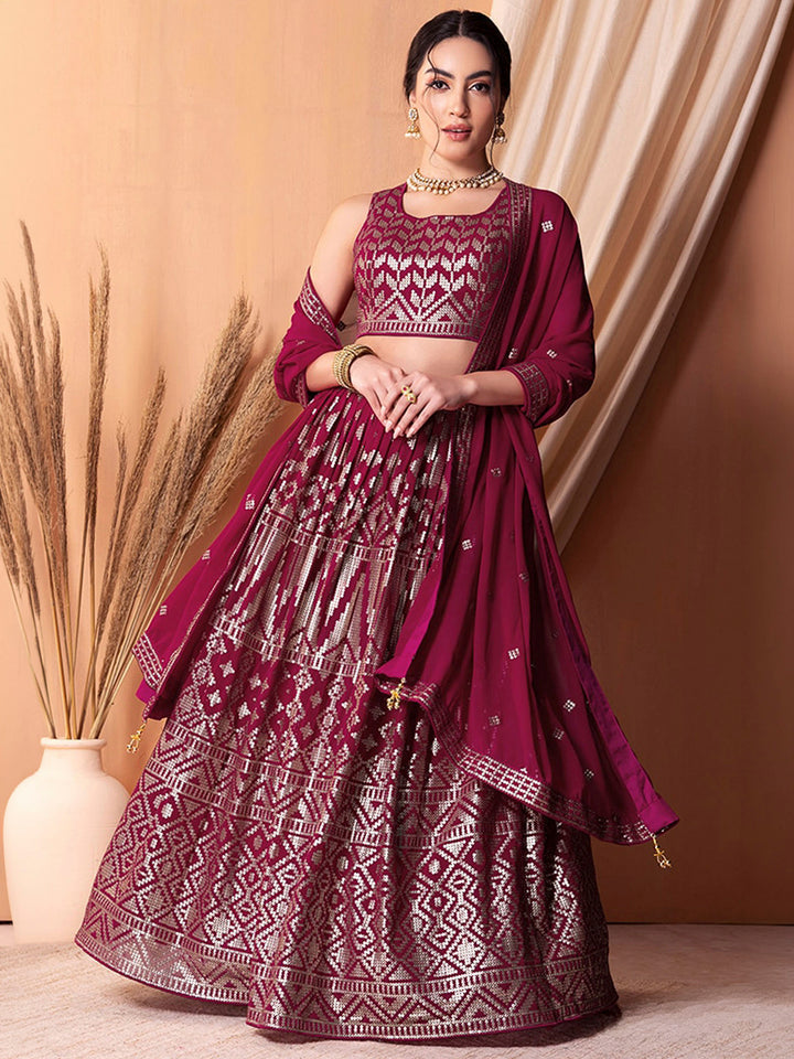 Wine Georgette Embroidered Semi Stitched Lehenga Choli with Dupatta