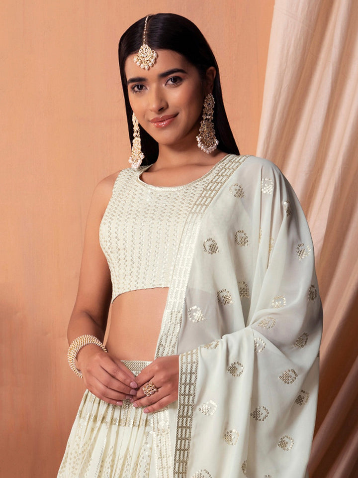 White Georgette Embroidered Semi Stitched Lehenga Choli with Dupatta