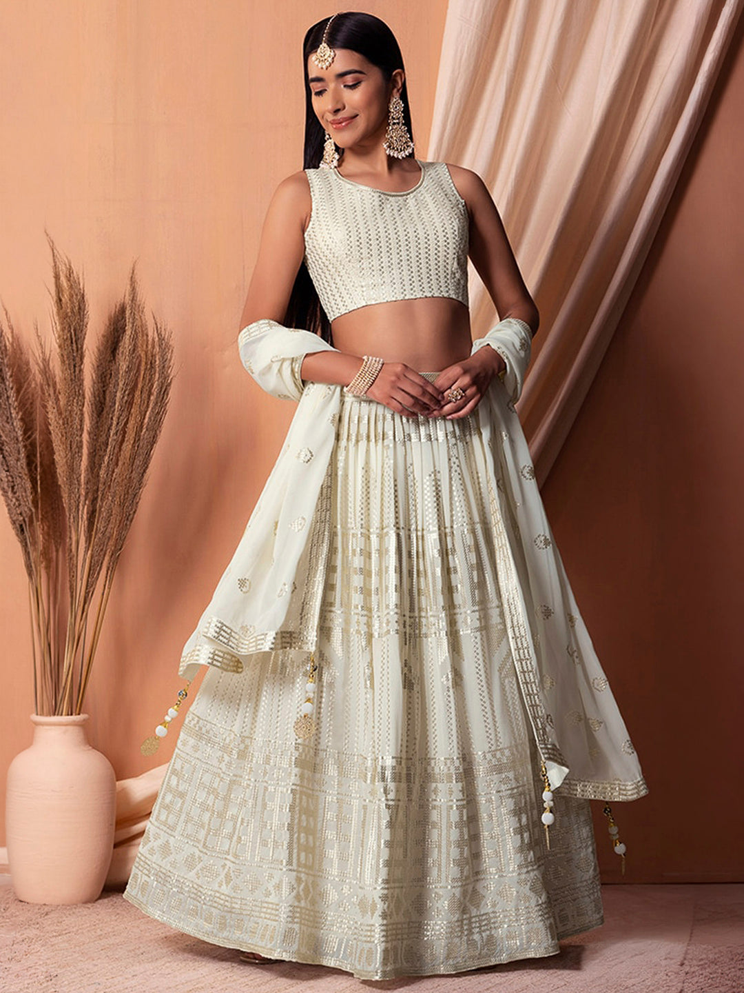 White Georgette Embroidered Semi Stitched Lehenga Choli with Dupatta