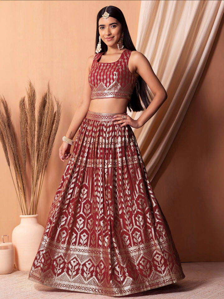 Maroon Georgette Embroidered Semi Stitched Lehenga Choli with Dupatta