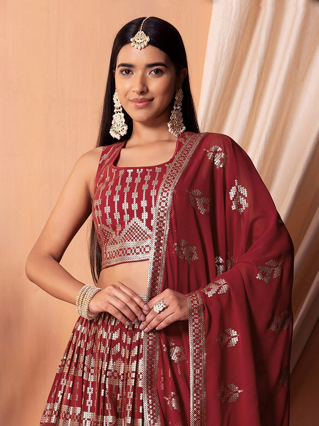 Maroon Georgette Embroidered Semi Stitched Lehenga Choli with Dupatta